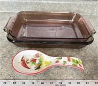 (2) casserole dishes and mushroom gnome spoon