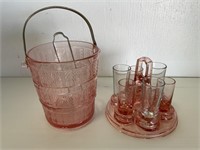 VTG Pink Depression Glass Ice Bucket & Shot