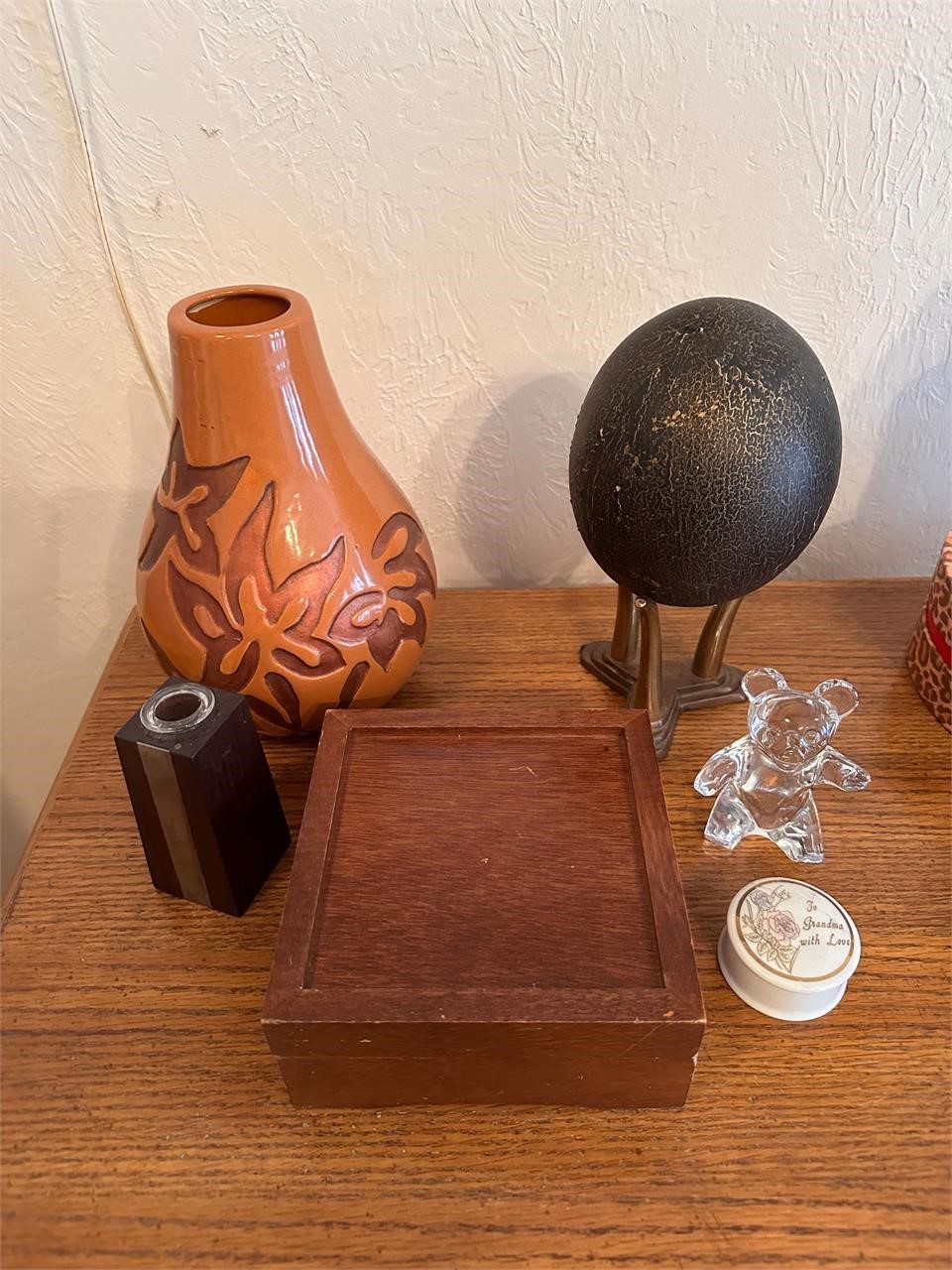 Pier 1 Vase, crystal bear, egg on stand