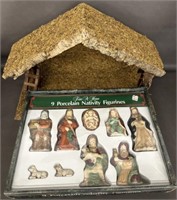 Wooden Nativity w/Porcelain Pieces