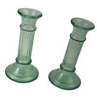 Pair of Vintage Green Glass Candle Holders