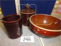 7" pottery bowl, 4" pottery jar w/lid, 3.5" x 4"