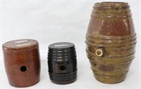 3 EARLY REDWARE CANTEENS & RUNDLET, LARGE CANTEEN