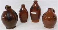 FOUR EARLY 19TH C. REDWARE JUGS & FLASKS, 6 1/4"
