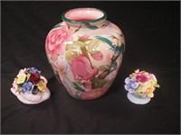 Three floral china items: 9 1/2" pottery vase