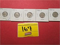 (5) BUFFALO NICKLES, 1929, 1930-S, 1935, 1936-S,