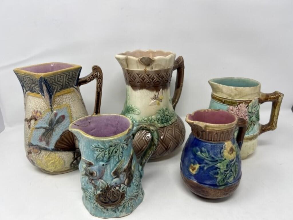 5 Majolica Pitchers - Damage