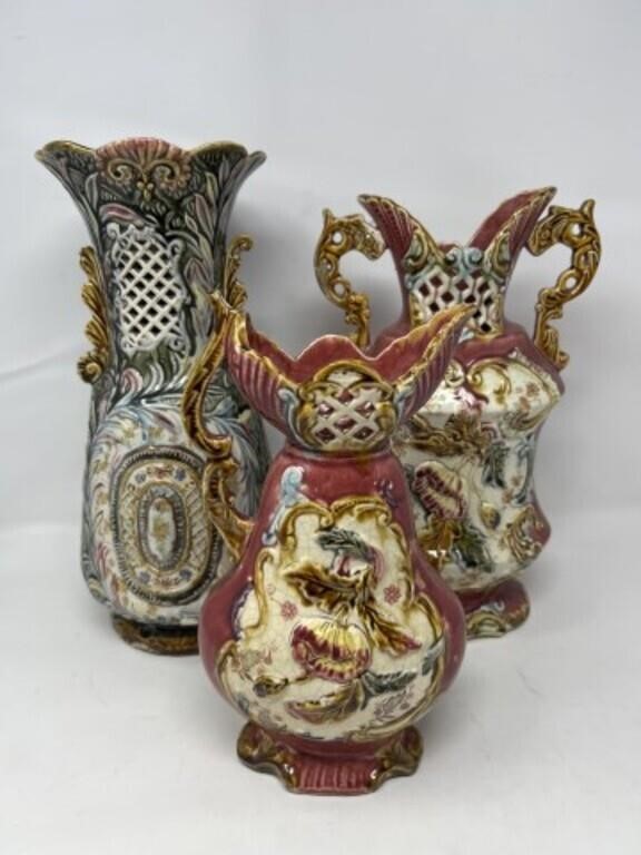 3 Large High Glaze Majolica Ewers