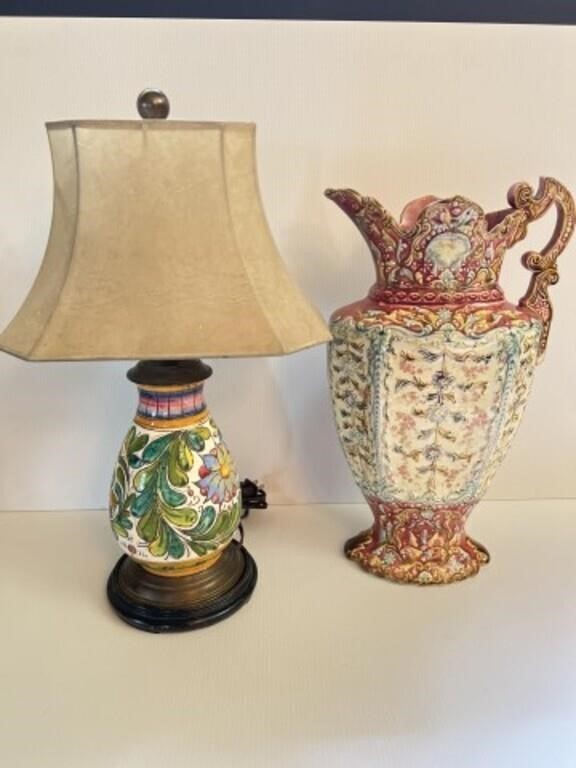 Majolica Lamp & Large Ewer - Damaged