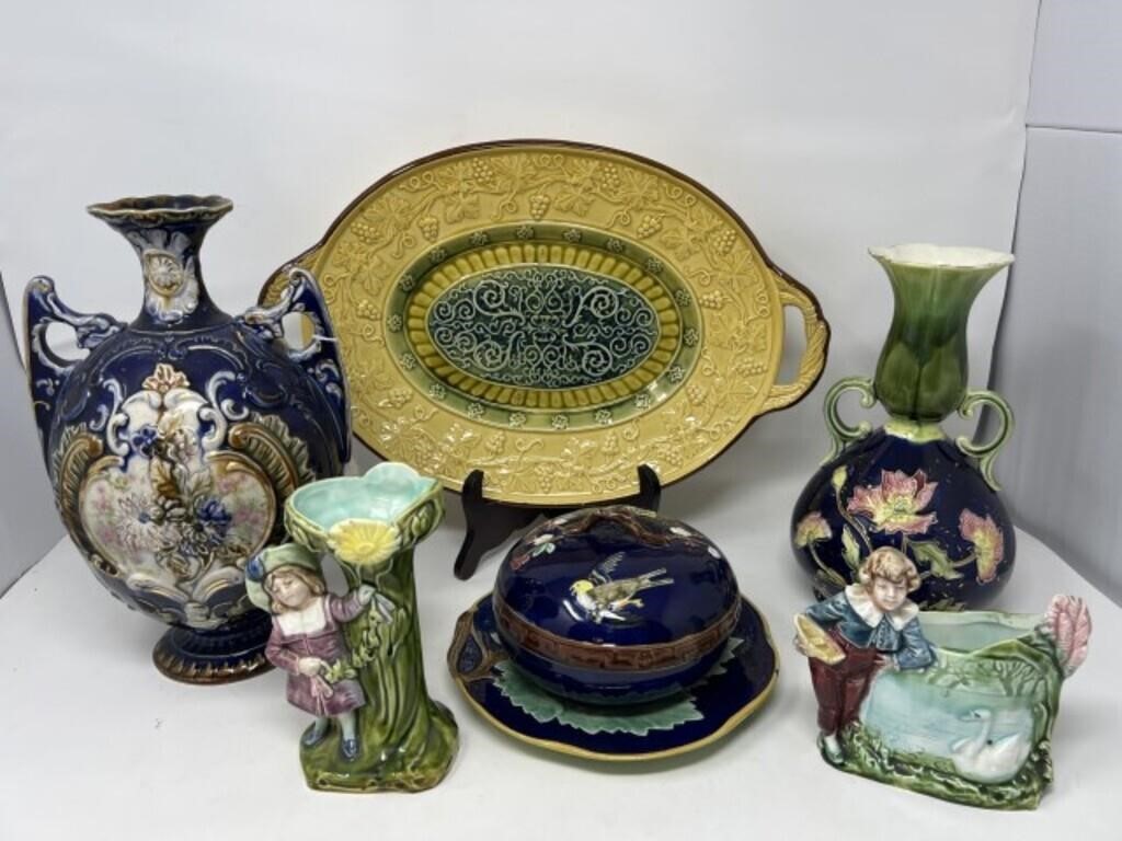 6 Better Majolica Items with Holdcraft Butter Dish