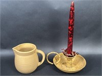 Metal Candle Holder & Small Pottery Pitcher