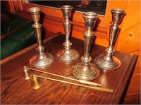 4 Candle Sticks & Brass Candle Snuffers