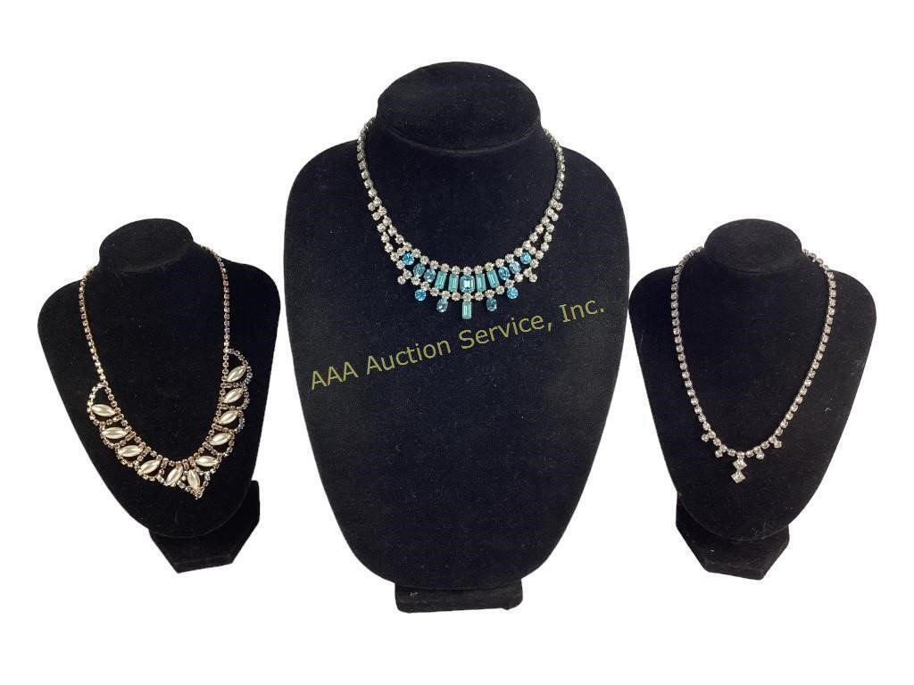 (3) costume rhinestone necklaces, one signed