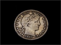 1909-D Barber quarter 90% US Coin.