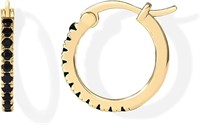 18k Gold-pl Round .22ct Black Onyx Hoop Earrings