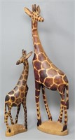(2) Hand Carved Wood Giraffes 12" & 18" Tall
