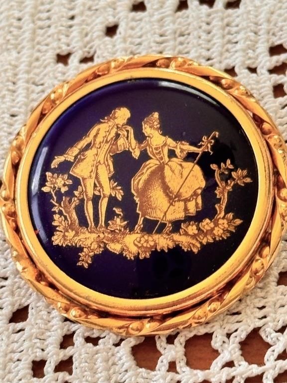 Vintage Signed Limoges Brooch Cobalt & Gold