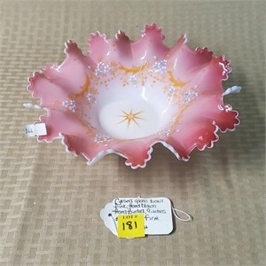 Cased Glass Handpainted Pink Ruffled Bowl