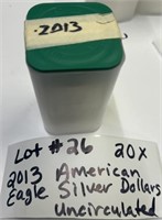 LOT#26) 20X-2013 AMERICAN EAGLE SILVER DOLLARS UNC