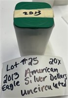 LOT#25) 20X-2013 AMERICAN EAGLE SILVER DOLLARS UNC