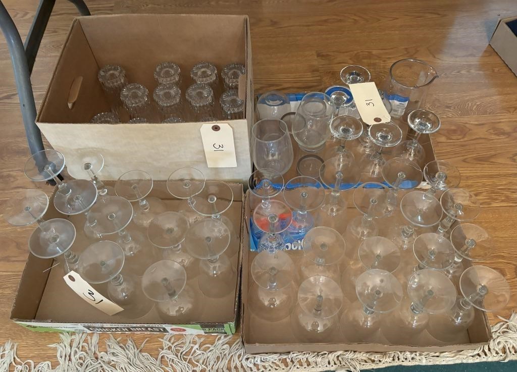 BOXES OF STEM WARE, GLASSES & WATER PITCHER