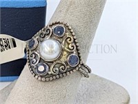 STERLING / SAPPHIRE / CULTURED PEARL RING