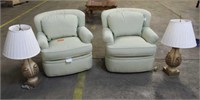 (2) MATCHING LT GREEN CHAIRS AND (2) LAMPS