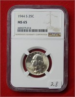 1944 S Washington Silver Quarter NGC MS65