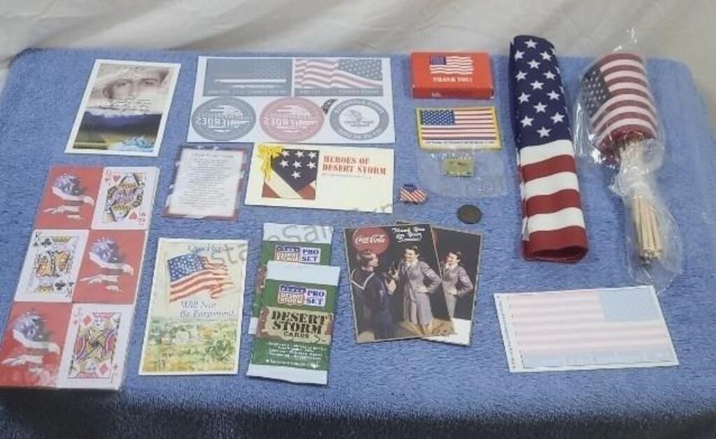 Military and first responders items and US flags.