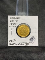 1864 France Gold 2 Francs .235oz Pure Gold Content