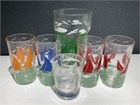 VTG Sail Boat Juice Glasses & Palm Tree Vase