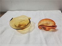 Space Age Bowl Lead Glass & Vtg Amber Glass Dish