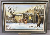 Signed Winter Horse Oil Painting