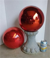 2 Red Glass Gazing Balls w/ Holder