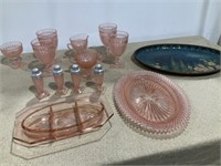 Pink depression glass, S&P shakers, glasses,