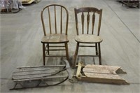 (2) Vintage Wooden Sleds & (2) Wooden Chairs