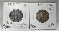 1917 T.1 Quarter F (Dark); 1917-S T.2 Quarter VG