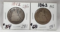 1842 Half Dollar G/AG; 1863 Half Dollar AG