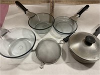 Pyrex skillets, sauce pans, strainer