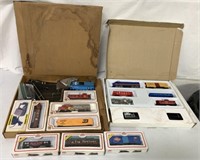 HO train lot with set, cars and extra pieces