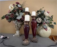 F - CANDLE HOLDERS 2 VASES W/ FAUX FLOWERS (A25)