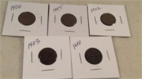5 different Indian head pennies