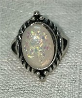 Silver Tone Ladies Opal Ring, Size 7