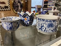 3 Oriental Planters Blue & White Ceramic