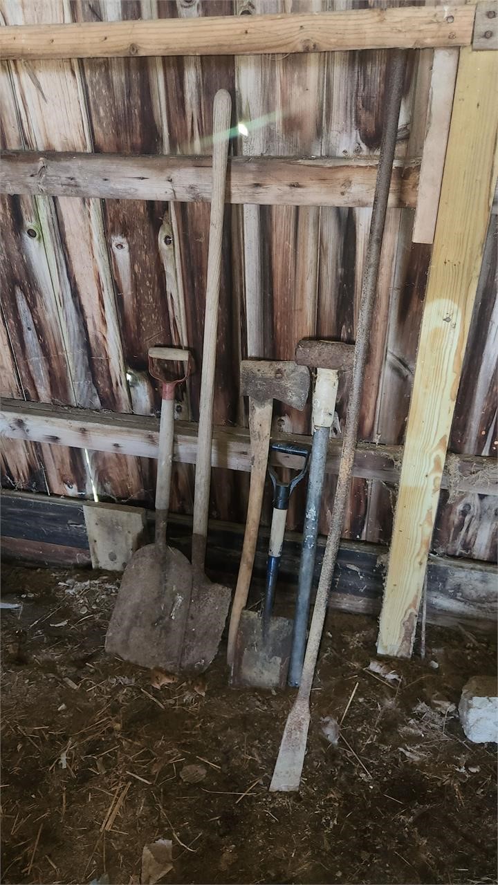 Shovels, sledgehammer, axe, spud bar