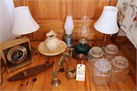 Cannister set, lamps, canoe, brass items