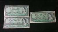 Three 1954 Canada $1 Bills