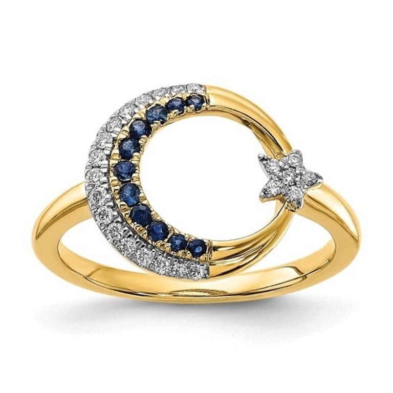 14k Sapphire Diamond Moon with Star Ring