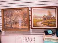 Two framed pieces of art: painting of barn