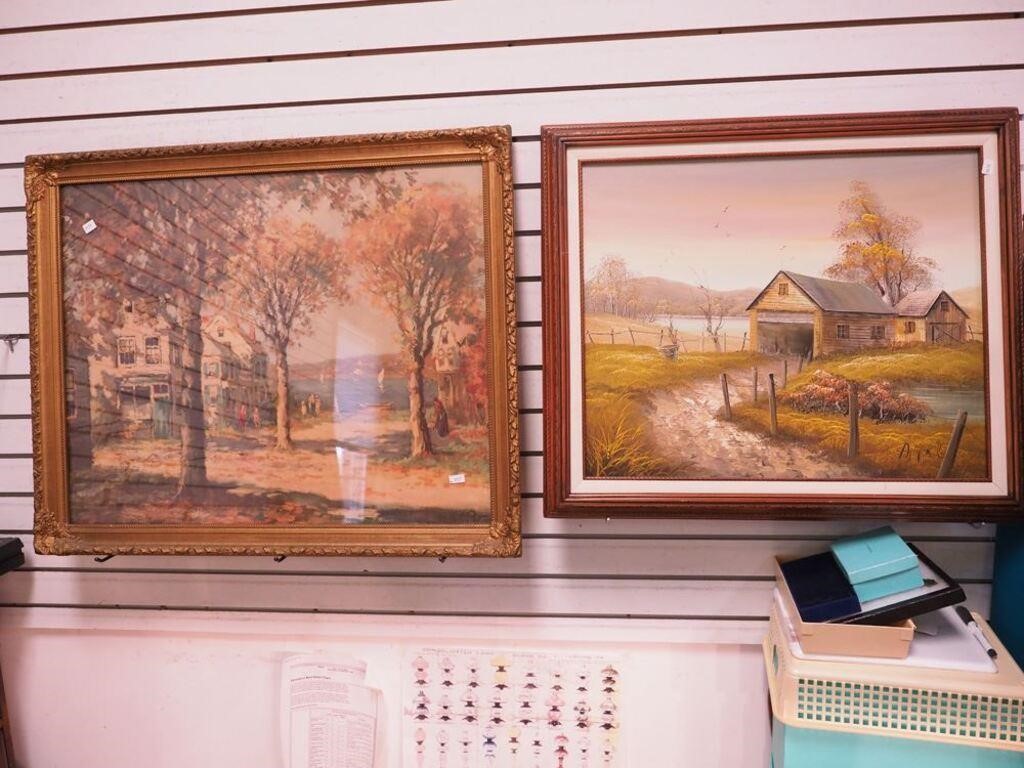 Two framed pieces of art: painting of barn